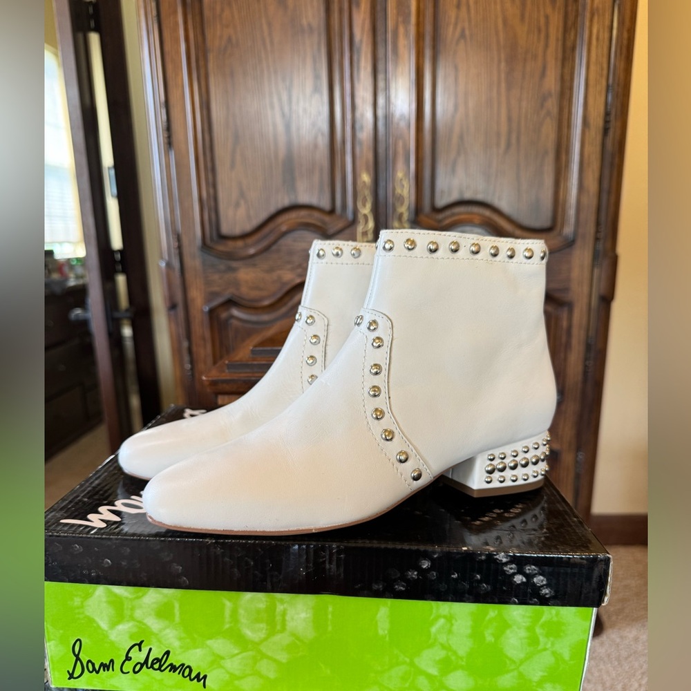 Sam Edelman White Leather Studded Ankle Boots